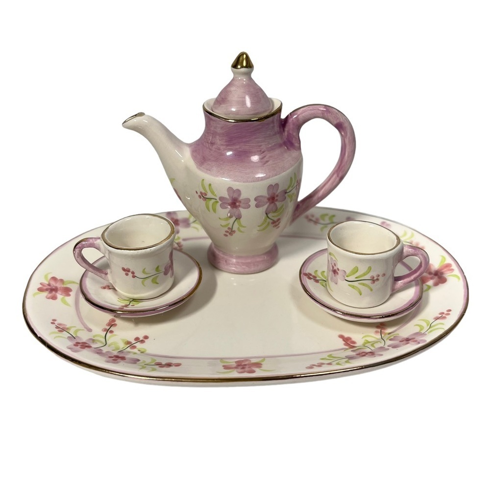 Floral Pink Childrens‎ Small 7 Piece Ceramic Tea Party Set Cup Saucer Miniature
